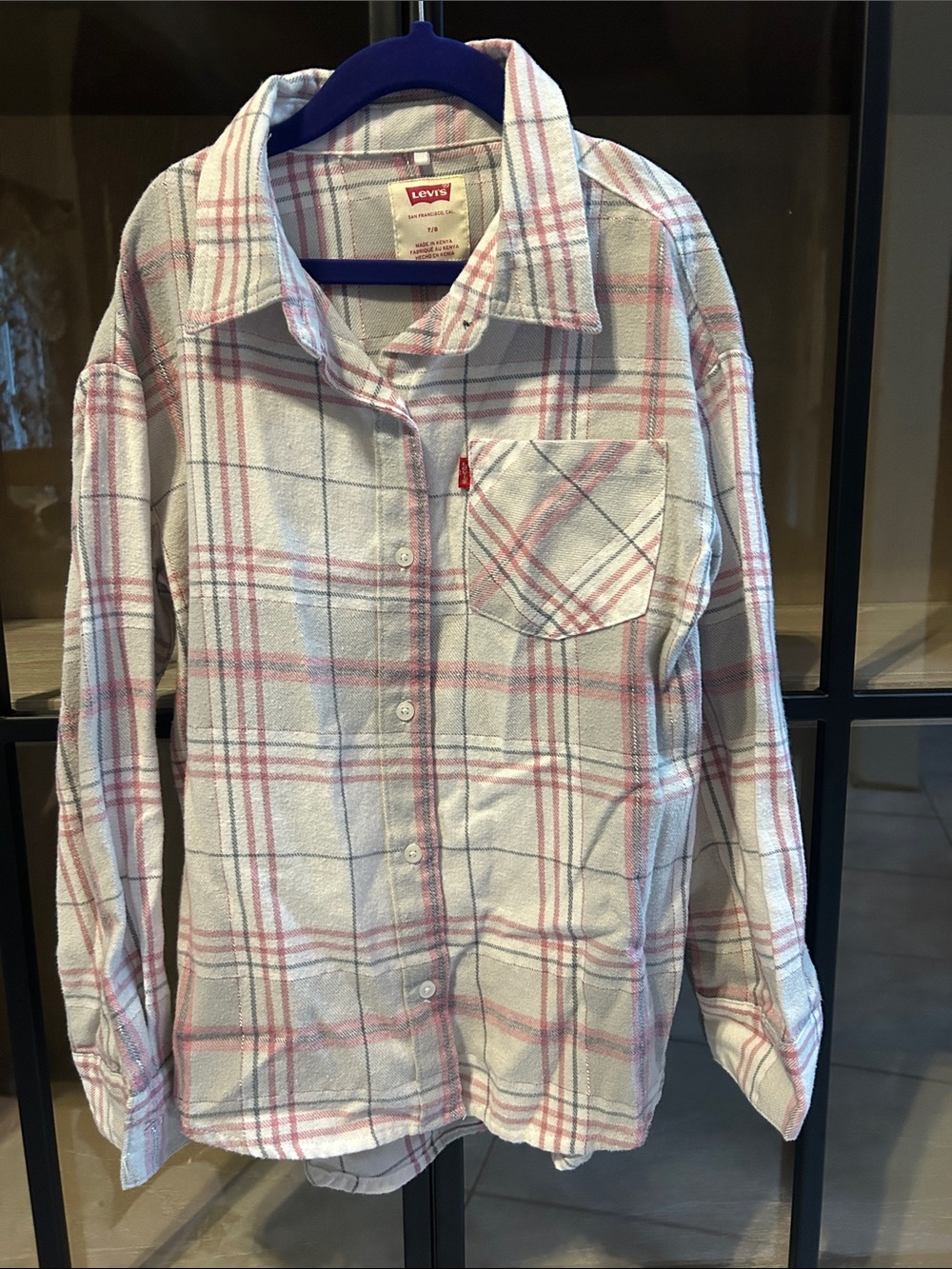 Levi's White Plaid Button-Up Shirt with Pink & Gray Lines